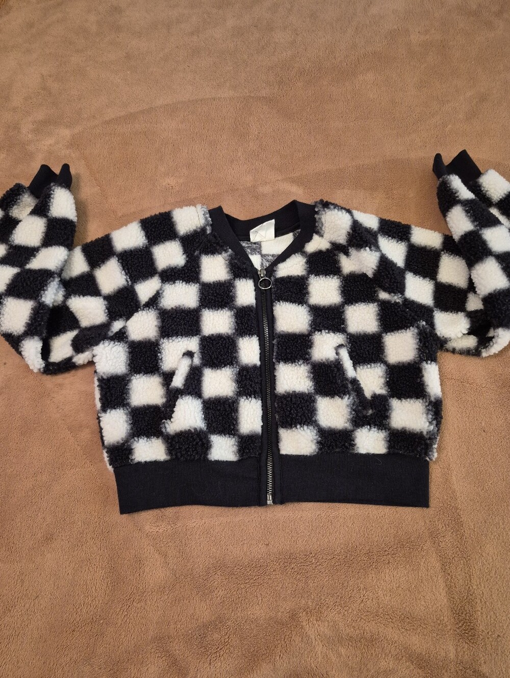 Self Esteem Girls Black & White Checkered Zip-Up Jacket Size Small, Super Soft
